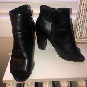 Black faux leather open toe booties